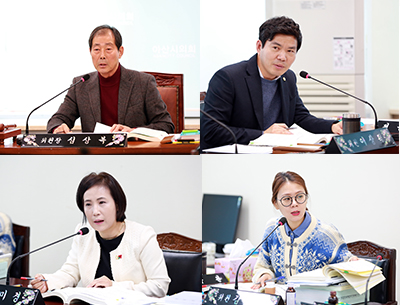 심상복, 이상덕, 조미경, 김미영의원이 2020년 주요업무보고를 청취하고 추진상황을 점검하며 대안을 제시하고 있다.