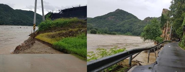 용담댐 방류량 증가, 폭우로 유실된 방우리 마을 진입도로 피해현장 / 투데이충남 제공